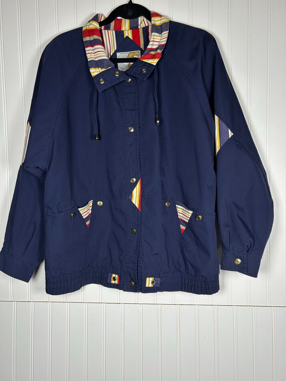 Current Seen VTG Navy Blue Striped Windbreaker Jacket Gold Snaps M cotton blend